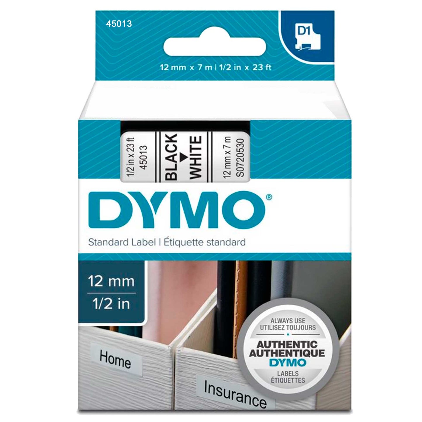 Cinta D1 1/2 in 12 mm x 7 m Negro/Blanco | Dymo 45013