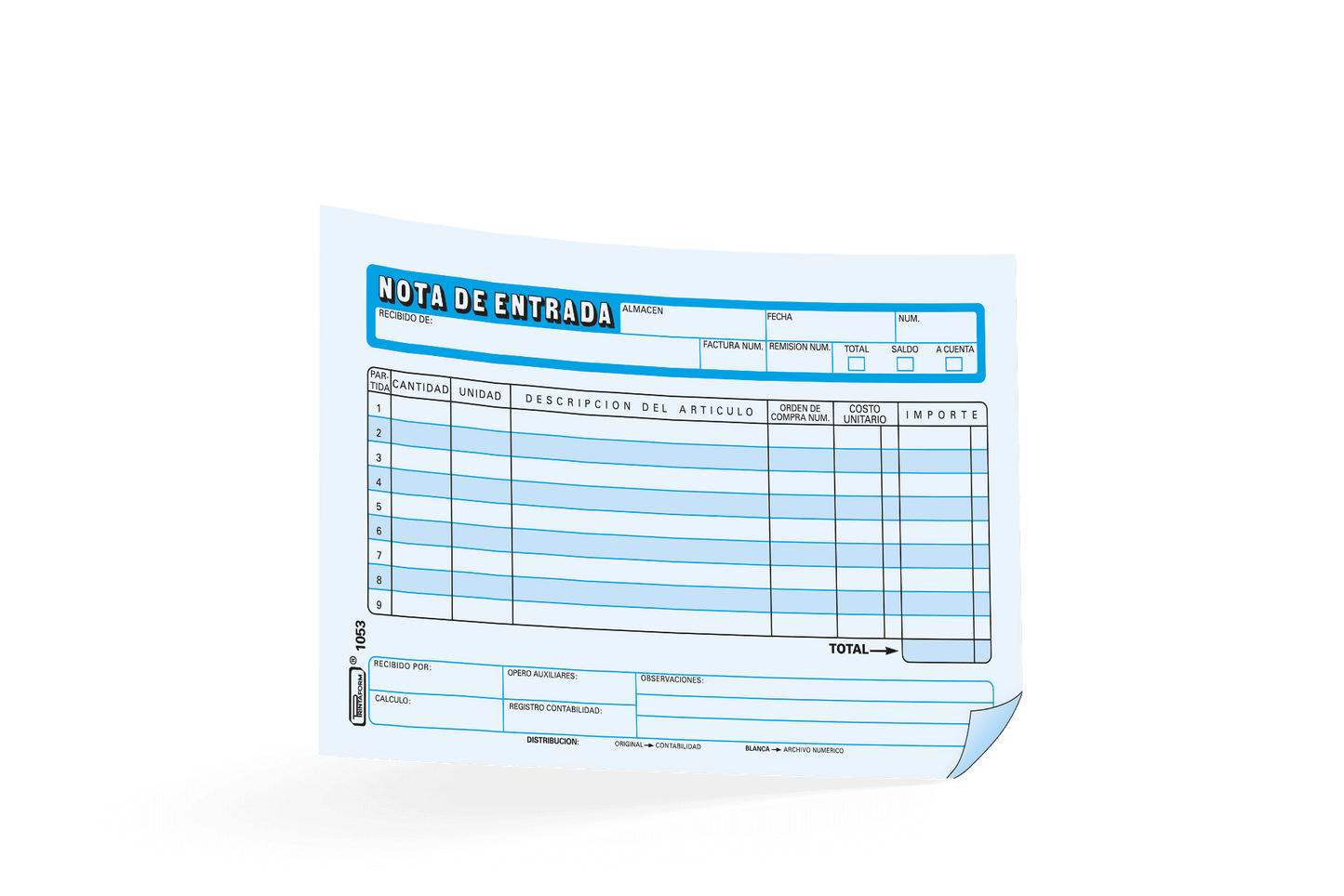 Nota de Entrada a Almacén C/25 juegos | Printaform 1053