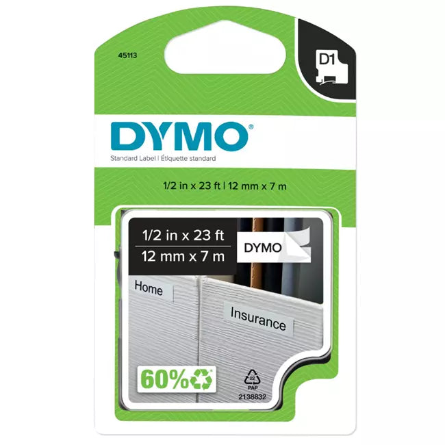 CINTA D1 1/2 in (12 mm x 7 m) NEGRO/BLANCO - DYMO 45013