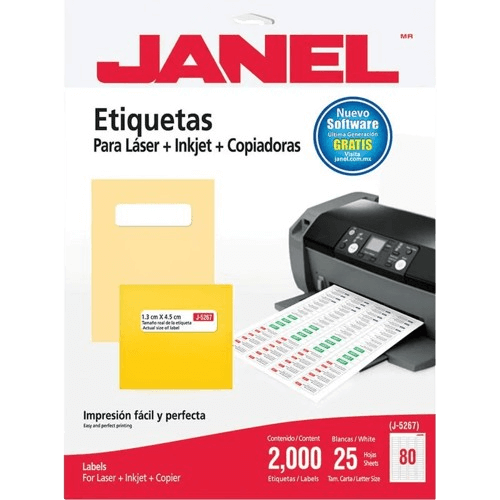 Etiqueta Janel Adhesiva Laser + Inkjet + Copiadoras J-5267 1.3 Cm X 4.5 Cm Blanca Con 2000