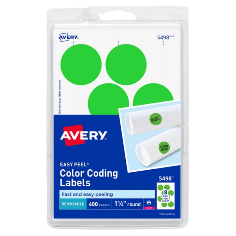 Etiqueta Adhesiva Redonda Removible 1- 1/4 in Verde Neon con 400 | Avery 5498