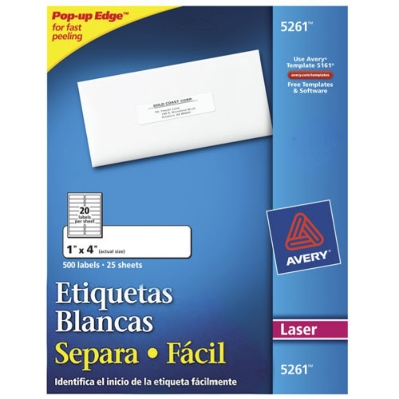 Etiqueta Adhesiva Laser Blanca Permanente 1 in x 4 in con 500 | Avery 5261