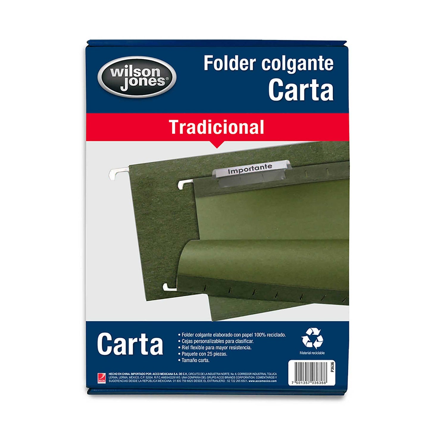 Folder Colgante Carta Verde Caja con 25 | Wilson Jones P3636