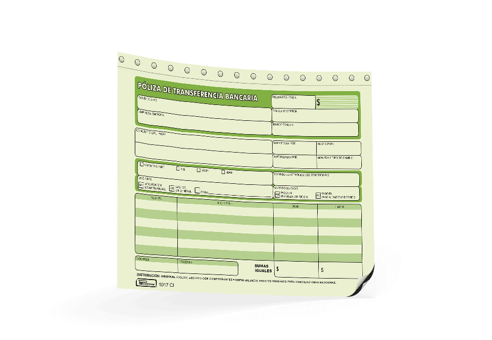 Póliza de Transferencia Bancaria Carbón con 20 juegos | Printaform 1017CI