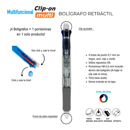 Bolígrafo Multifuncional Clip-On Multi 4 Tintas + Portaminas | Zebra 502-AZLMDB001