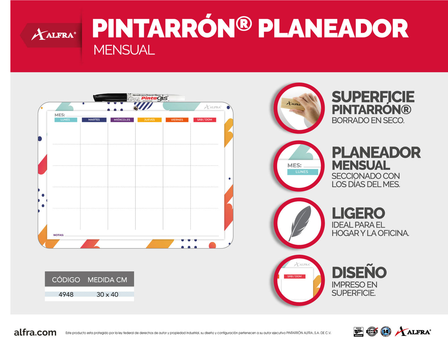 Pintarrón Planeador Mensual 30 x 40 cm | Alfa 4948