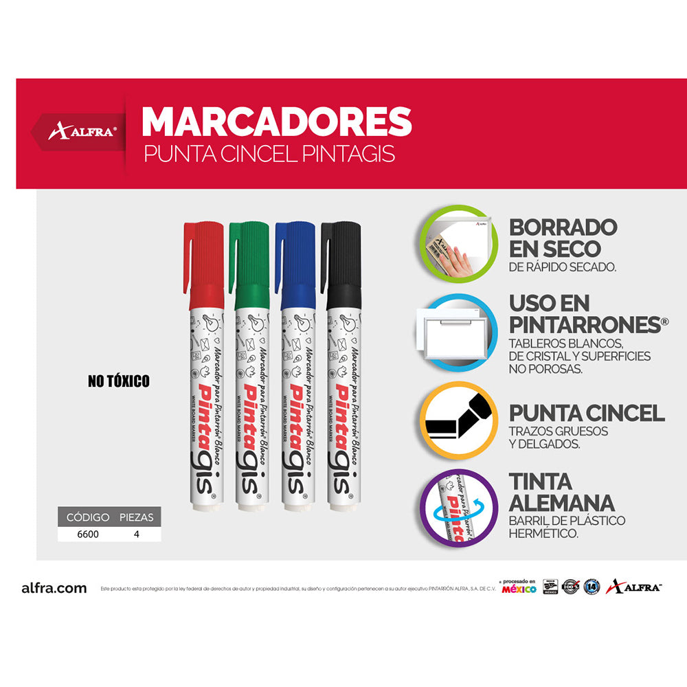 Marcador para Pintarrón Pintagis Surtido Con 4 | Alfra 6600