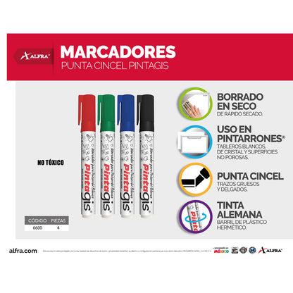 Marcador para Pintarrón Pintagis Surtido Con 4 | Alfra 6600