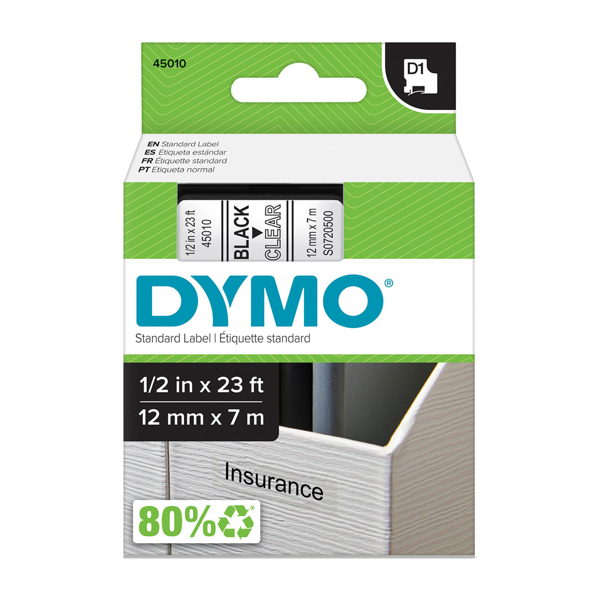 Cinta D1 1/2 in 12 mm x 7 m Negro/Claro | Dymo 45010
