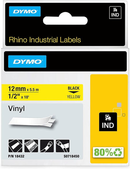 Cinta para Rotulador Rhino Vinyl 1/2" 12 mm x 5.5 m Negro/Amarillo | Dymo 18432