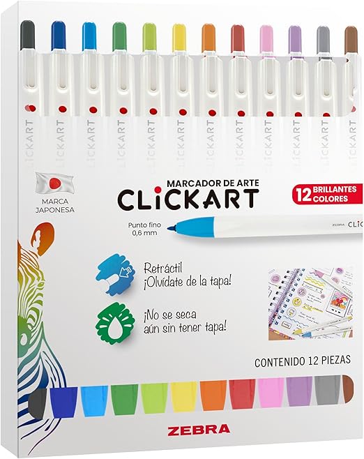 Marcador Retráctil Clickart con 12 | Zebra 4019-76