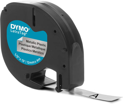 Cinta LetraTag 1/2 in 12 mm x 4 m Negro/Metalico |Dymo 91338