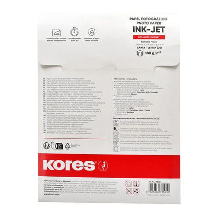 Papel Fotográfico Ink-jet Brillante Carta C/25 | Kores 73501