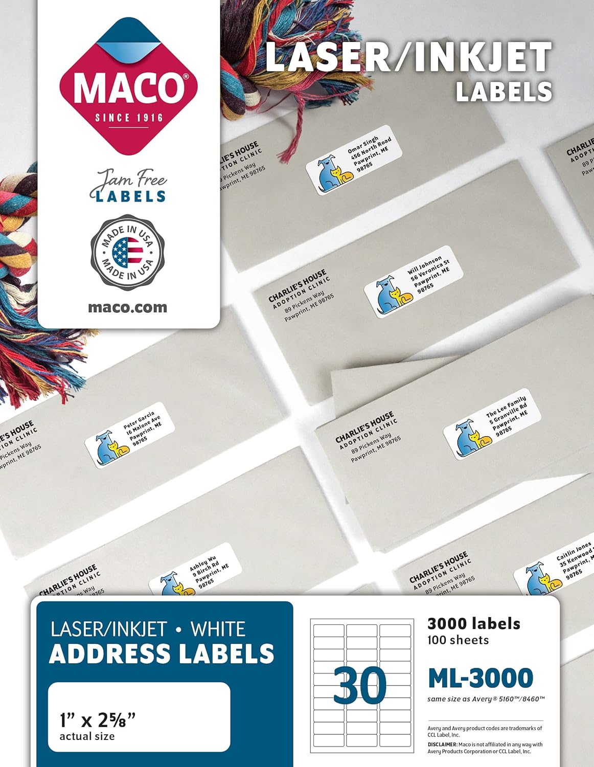 Etiquetas Adhesivas Laser/Inkjet Blancas 1 in x 2-5/8 in con 3000 (100 hojas con 30) | Maco ML-3000