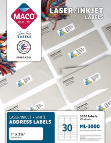 Etiquetas Adhesivas Laser/Inkjet Blancas 1 in x 2-5/8 in con 3000 (100 hojas con 30) | Maco ML-3000