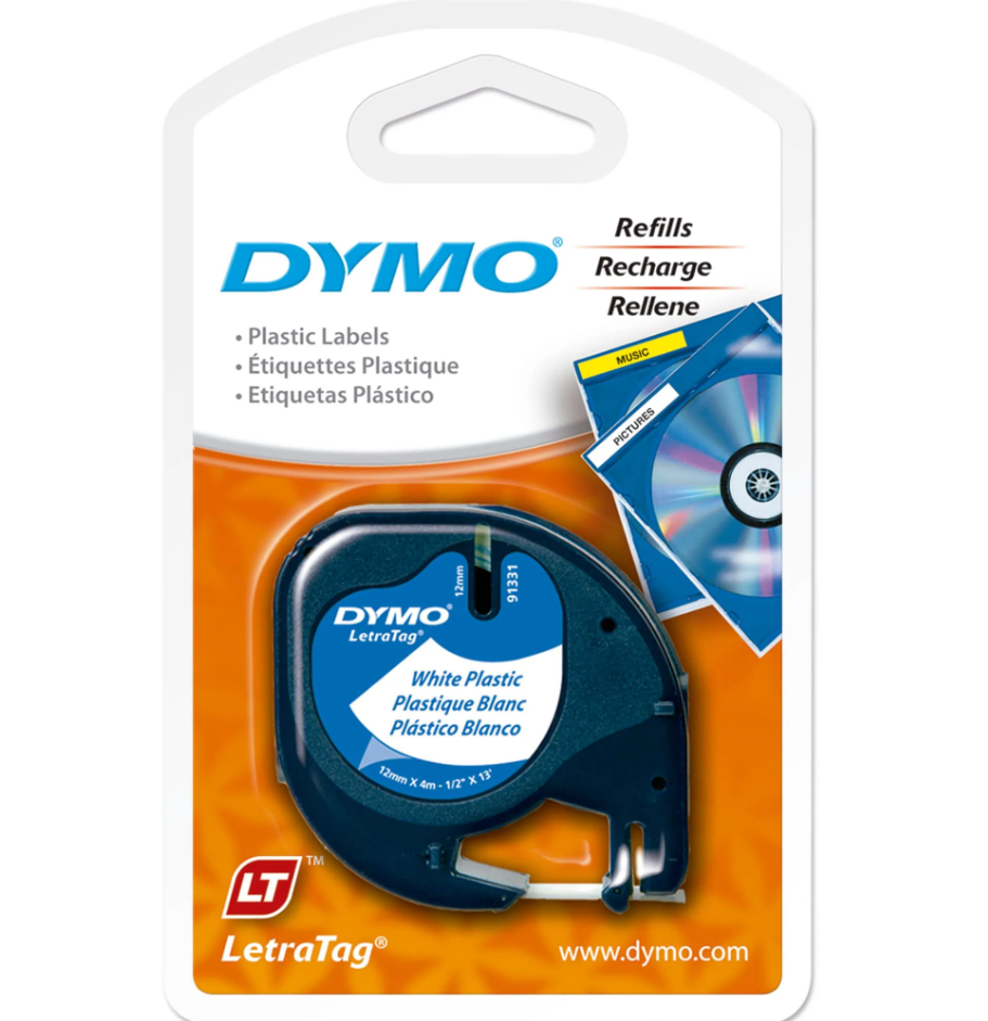 Cinta Etiquetadora Letratag 12mm x 4m Negro sobre Blanco | Dymo 91331