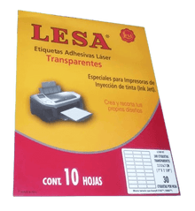 Etiqueta Adhesiva Laser/Inkjet 1 x 2-5/8 in Transparente 10 H C/30 | Lesa LC3010T