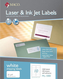 Etiqueta Adhesivas Laser/Inkjet Blancas 2 x 4 in con 1000 (100 hojas con 10) | Maco ML-1000