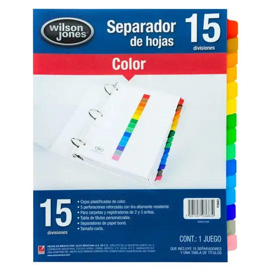Separador Colores Carta con 15 Divisores | Wilson Jones P3683
