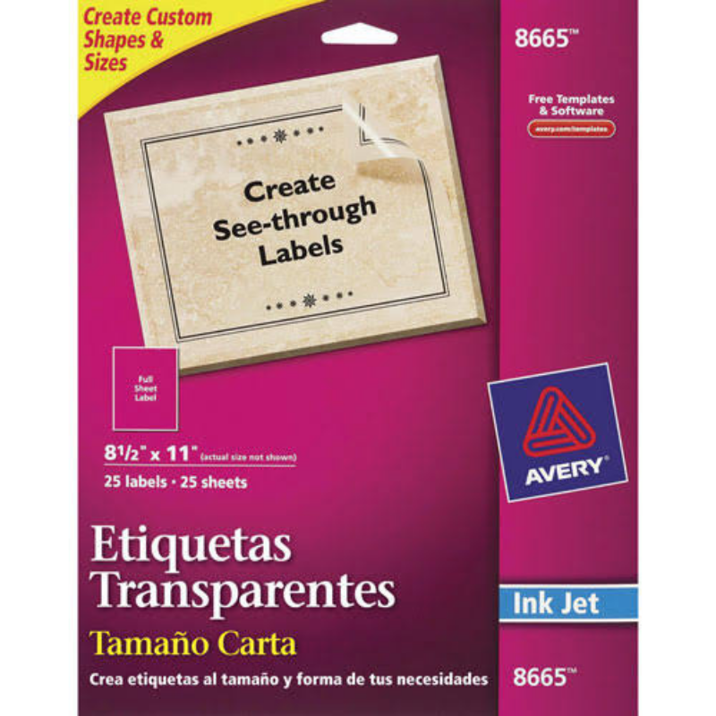 Etiqueta Adhesiva Inkjet Transparente Mate 21.6 x 27.9 cm con 25 | Avery 8665