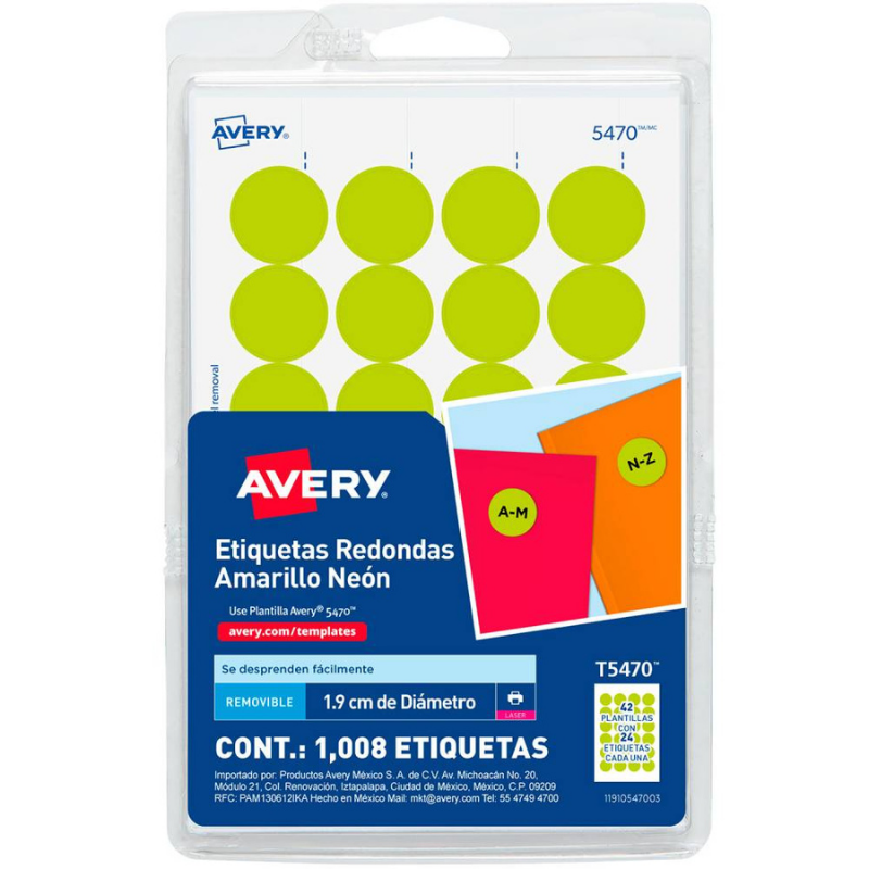 Etiqueta Adhesiva Redonda Removible 5470 3/4 in Amarilla Neon con 1008 | Avery T5470
