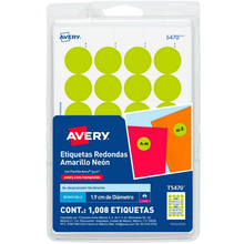 Etiqueta Adhesiva Redonda Removible 5470 3/4 in Amarilla Neon con 1008 | Avery T5470