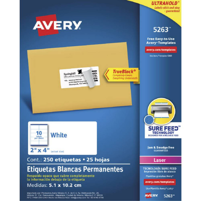 Etiqueta Adhesiva Laser Blanca Permanente 2 in x 4 in con 250 | Avery 5263