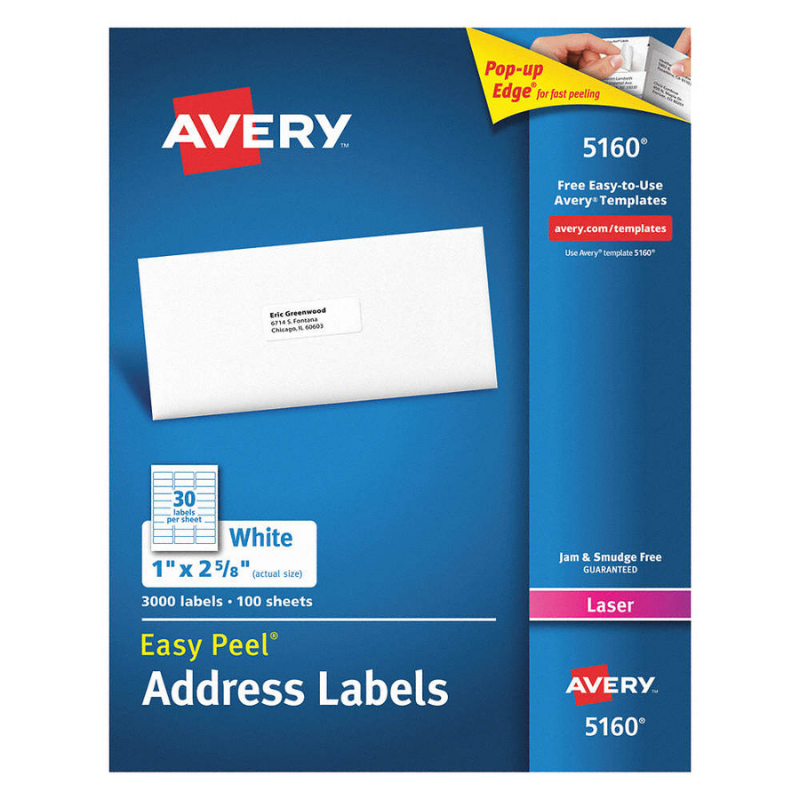 Etiqueta Adhesiva Laser Blanca Permanente 1 in x 2-5/8 in con 3000 | Avery 5160