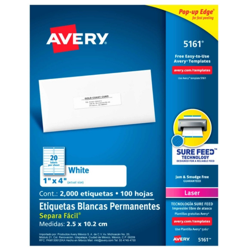 Etiqueta Adhesiva Laser Blanca Permanente 1 in x 4 in con 2000 | Avery 5161