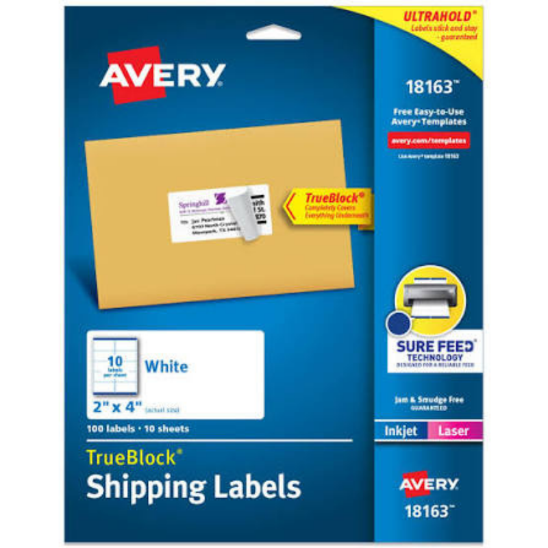 Etiqueta Adhesiva Laser/Inkjet Blanca Permanente 2 in x 4 in con 100 | Avery 18163