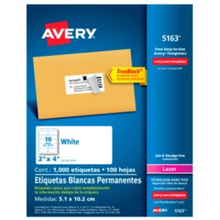 Etiqueta Adhesiva Laser Blanca Permanente 2 x 4 in con 1000 | Avery 5163