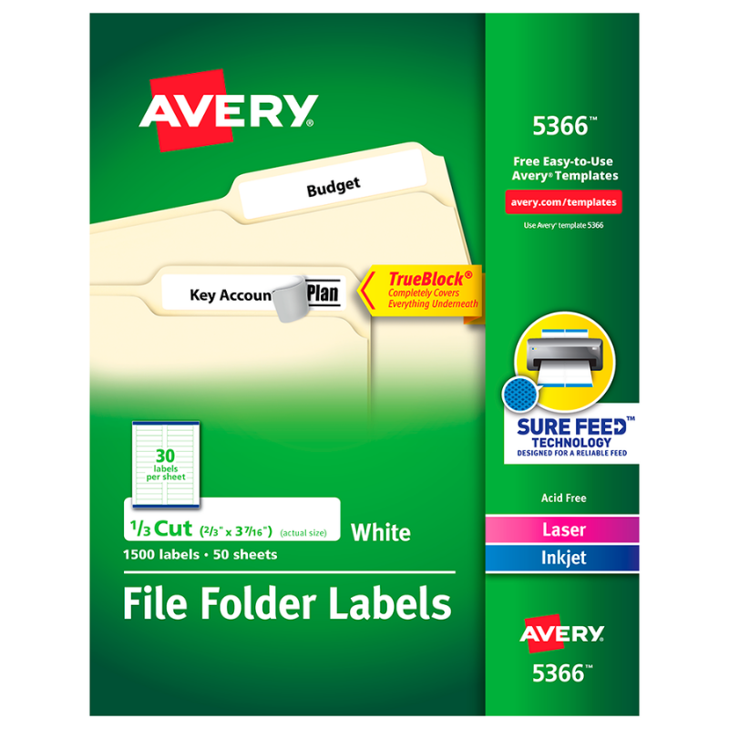 Etiqueta Adhesiva Laser/Inkjet Blanca para Folder 2/3 in x 3-7/16 in con 1500 | Avery 5366