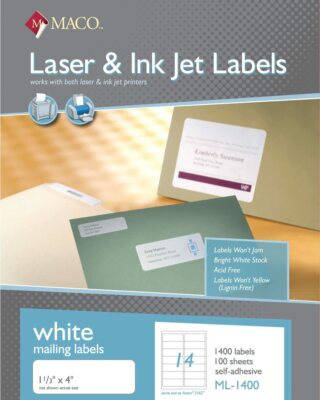Etiqueta Adhesiva Laser/Inkjet Blancas 1-1/3 in x 4 in con 1400 (100 hojas con 14) | Maco ML-1400