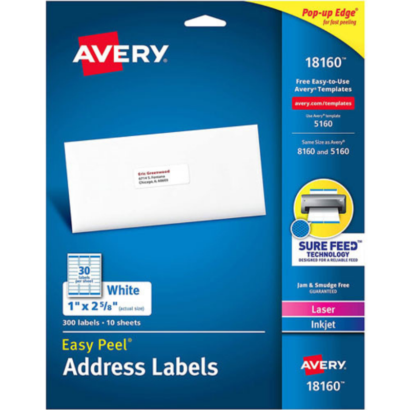 Etiqueta Adhesiva Laser/Inkjet Blanca Permanente 1 in x 2-5/8 in con 300 | Avery 18160